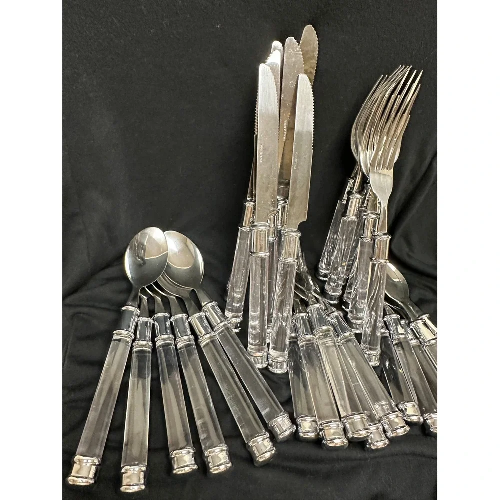 Vintage Look 32 Pce Set Flatware Clear Acrylic Handles Stainless Steel Plus Tray
